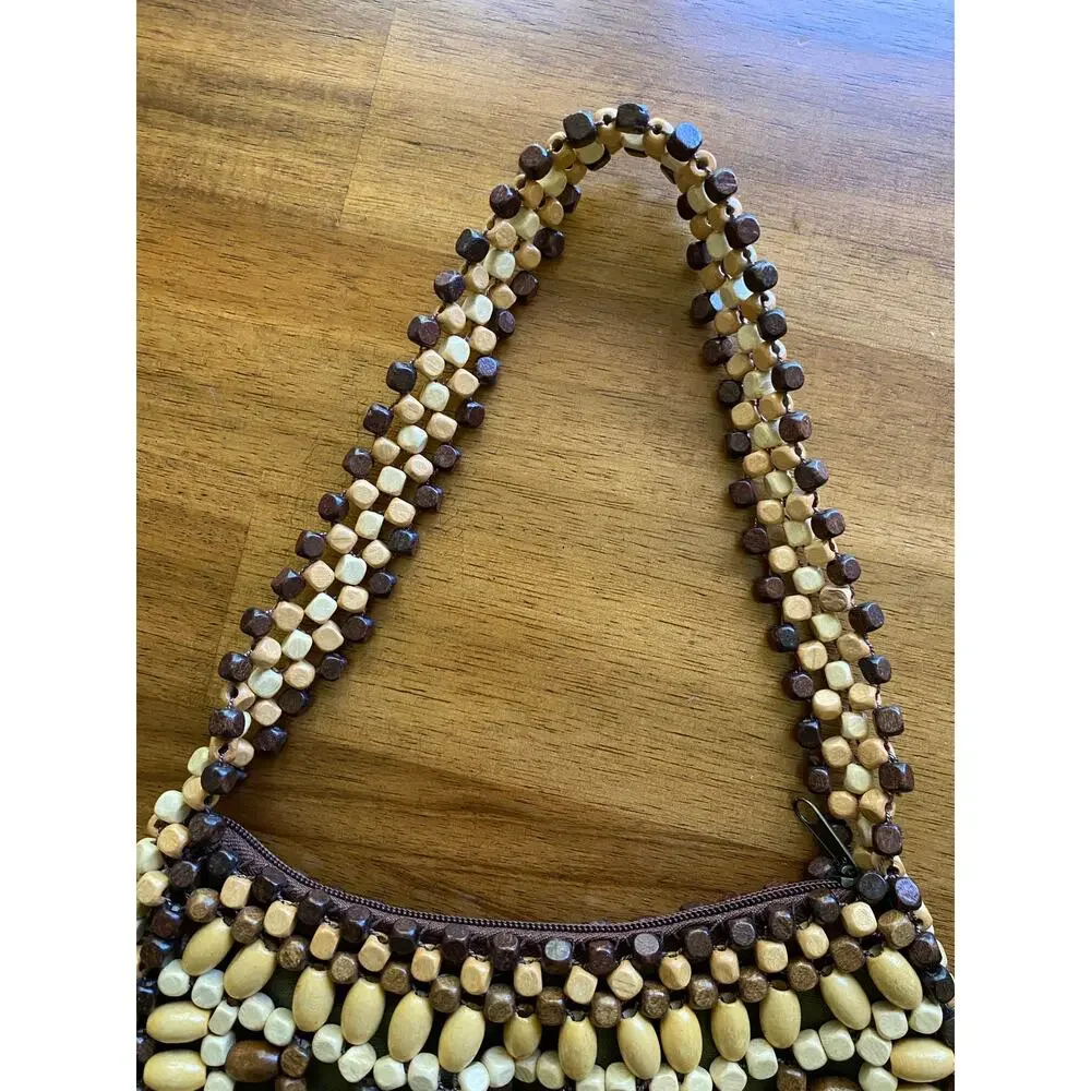 Vintage Wooden Beaded Crescent Shaped Bag Natural 90s Y2K EUC Small Purse Boho